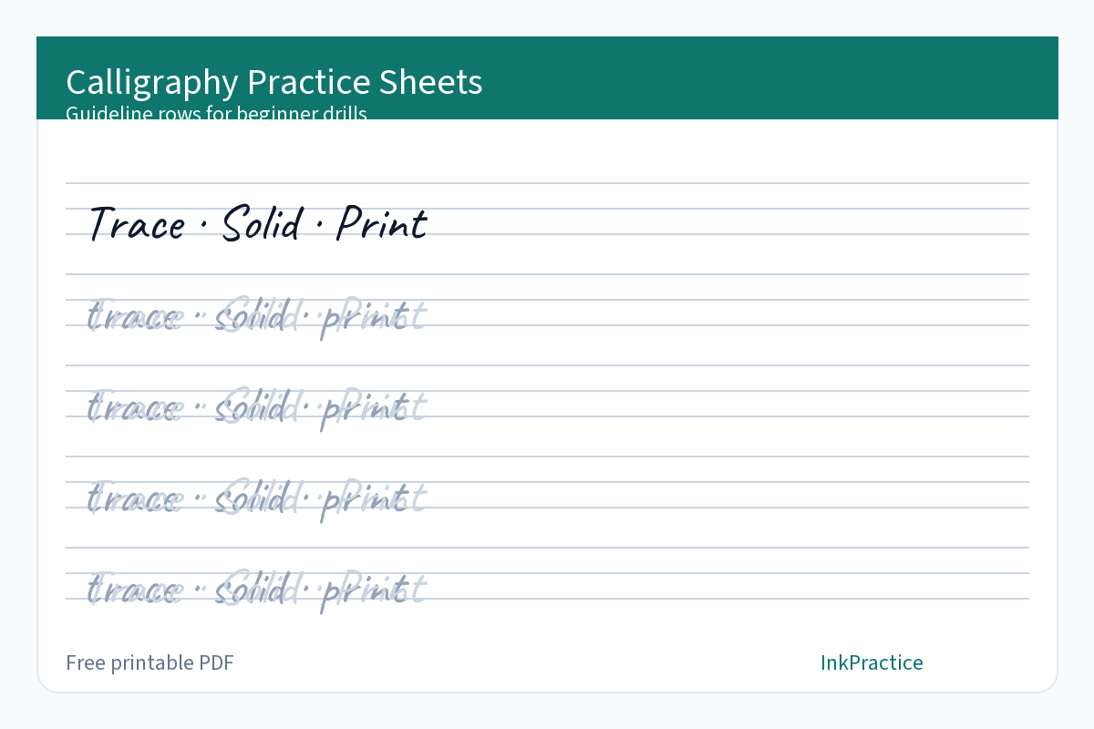 Free calligraphy practice sheets with guideline rows