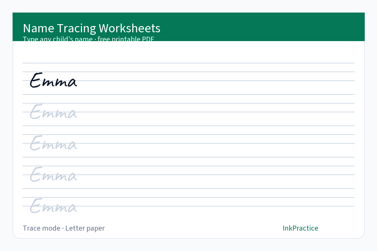 Name tracing worksheets preview for personalized preschool practice